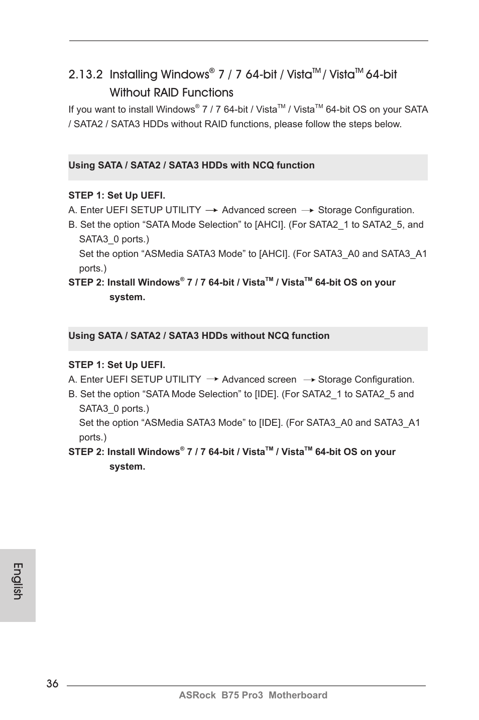 English 2.13.2 installing windows, 7 / 7 64-bit / vista, Vista | Bit without raid functions | ASRock B75 Pro3 User Manual | Page 36 / 205
