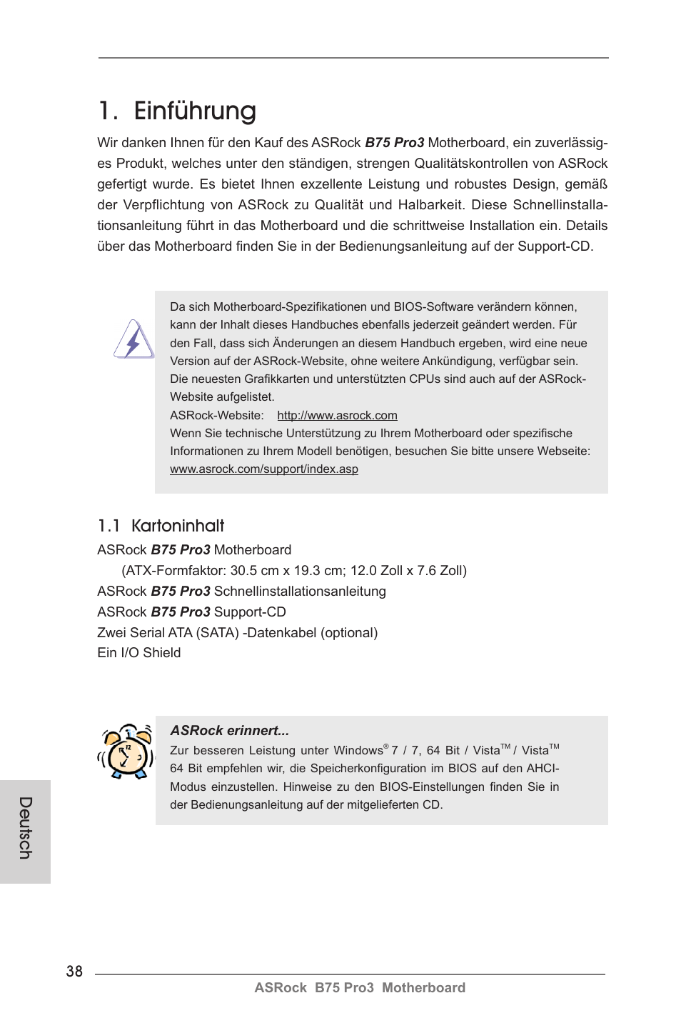 German, Einführung, 1 kartoninhalt | Deutsch | ASRock B75 Pro3 User Manual | Page 38 / 205
