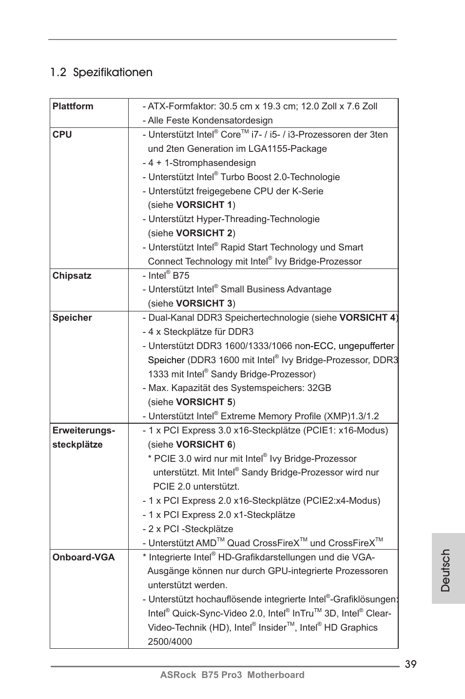Deutsch 1.2 spezifikationen | ASRock B75 Pro3 User Manual | Page 39 / 205