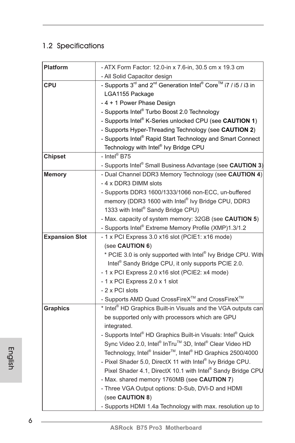 English 1.2 specifications | ASRock B75 Pro3 User Manual | Page 6 / 205