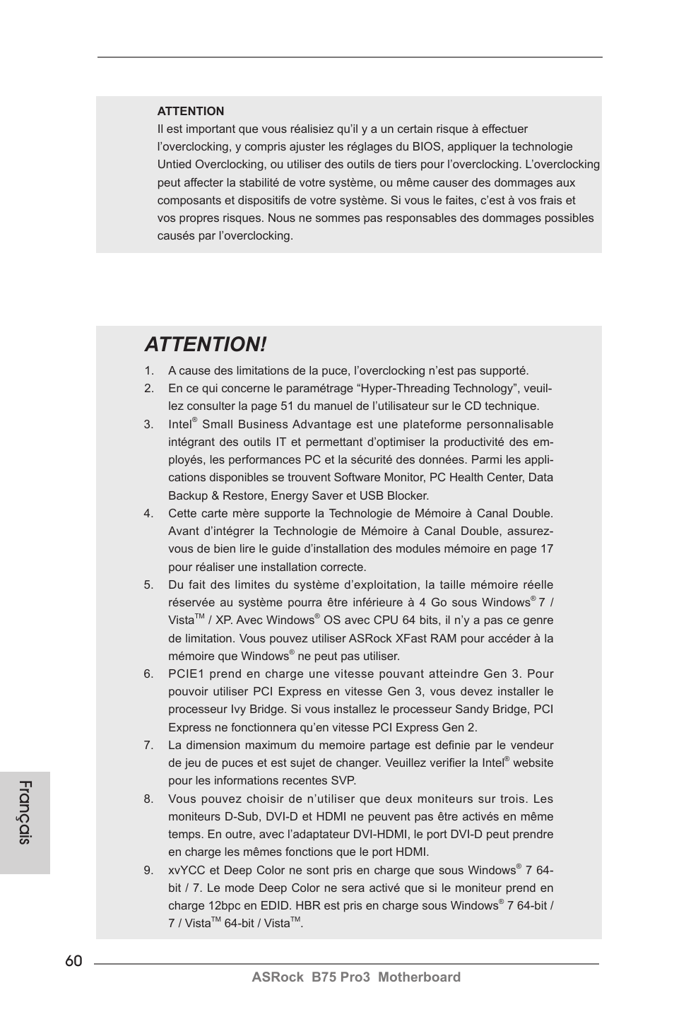 Attention, Français, Asrock b75 pro3 motherboard | ASRock B75 Pro3 User Manual | Page 60 / 205