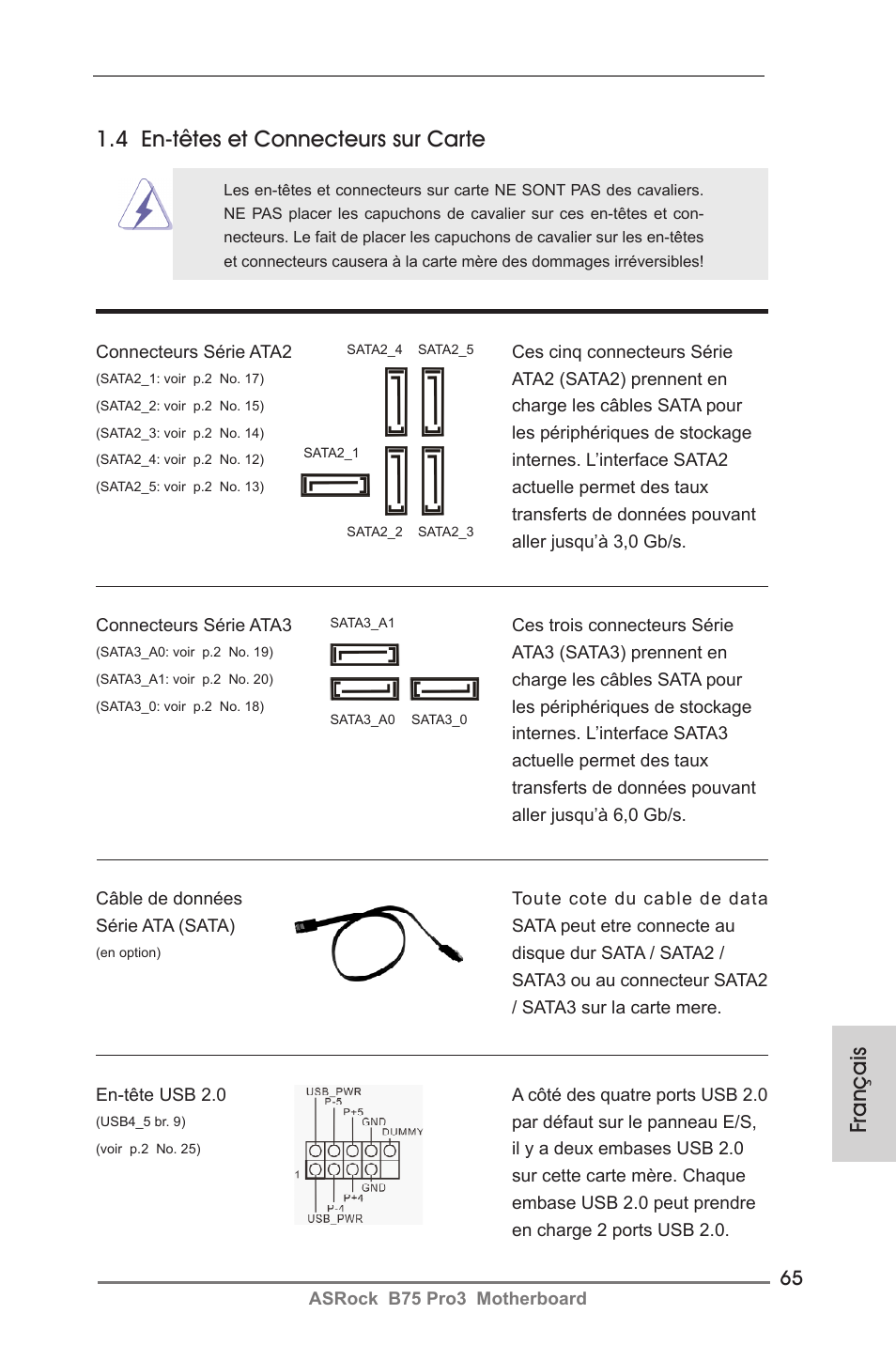 Français, 4 en-têtes et connecteurs sur carte | ASRock B75 Pro3 User Manual | Page 65 / 205
