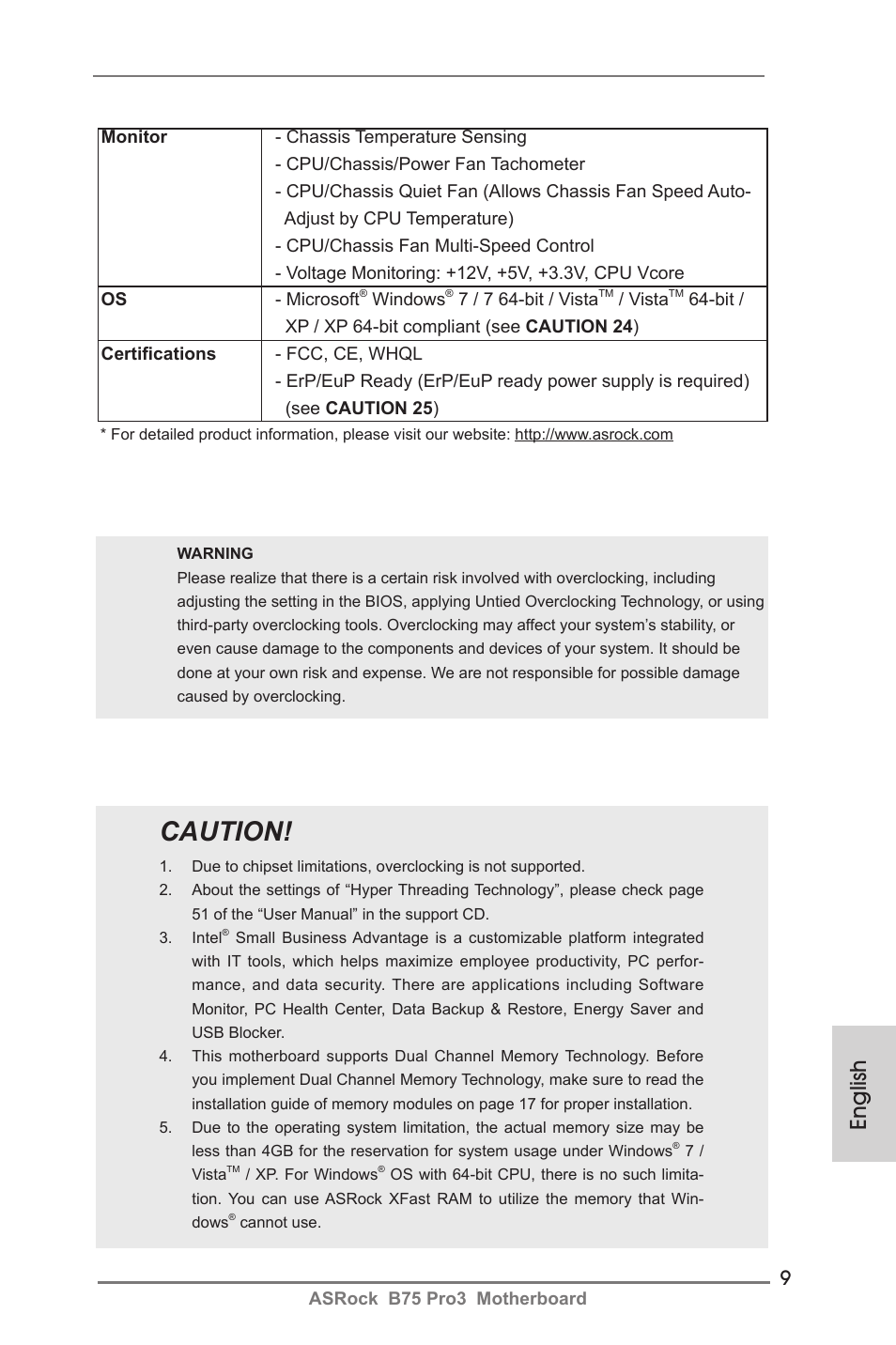Caution, English | ASRock B75 Pro3 User Manual | Page 9 / 205