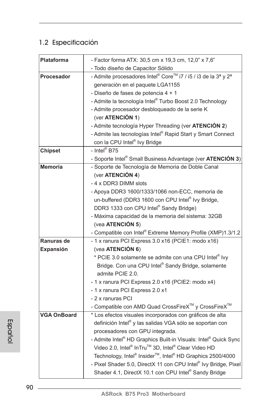 2 especificación, Español | ASRock B75 Pro3 User Manual | Page 90 / 205