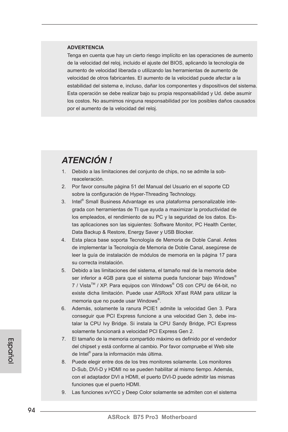Atención, Español | ASRock B75 Pro3 User Manual | Page 94 / 205