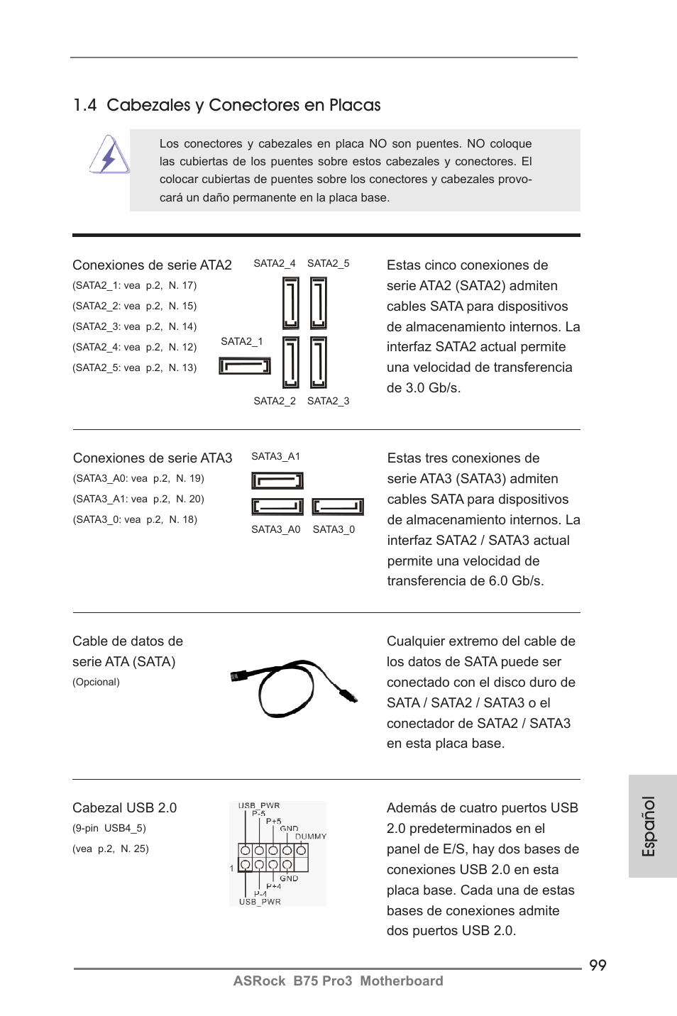 Español 1.4 cabezales y conectores en placas | ASRock B75 Pro3 User Manual | Page 99 / 205