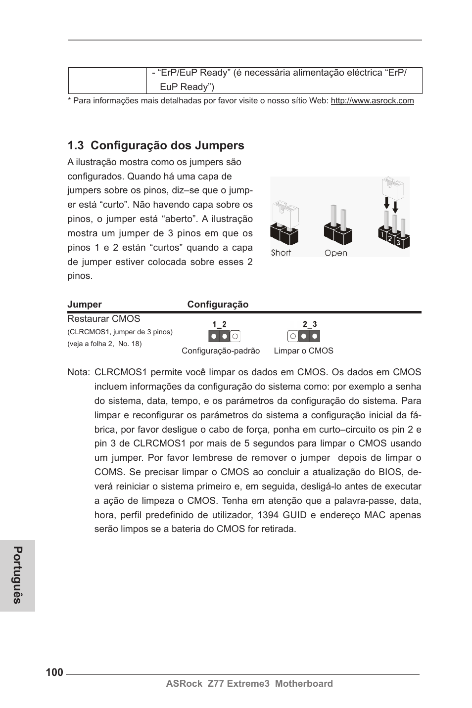 Português, 3 configuração dos jumpers | ASRock Z77 Extreme3 User Manual | Page 100 / 169