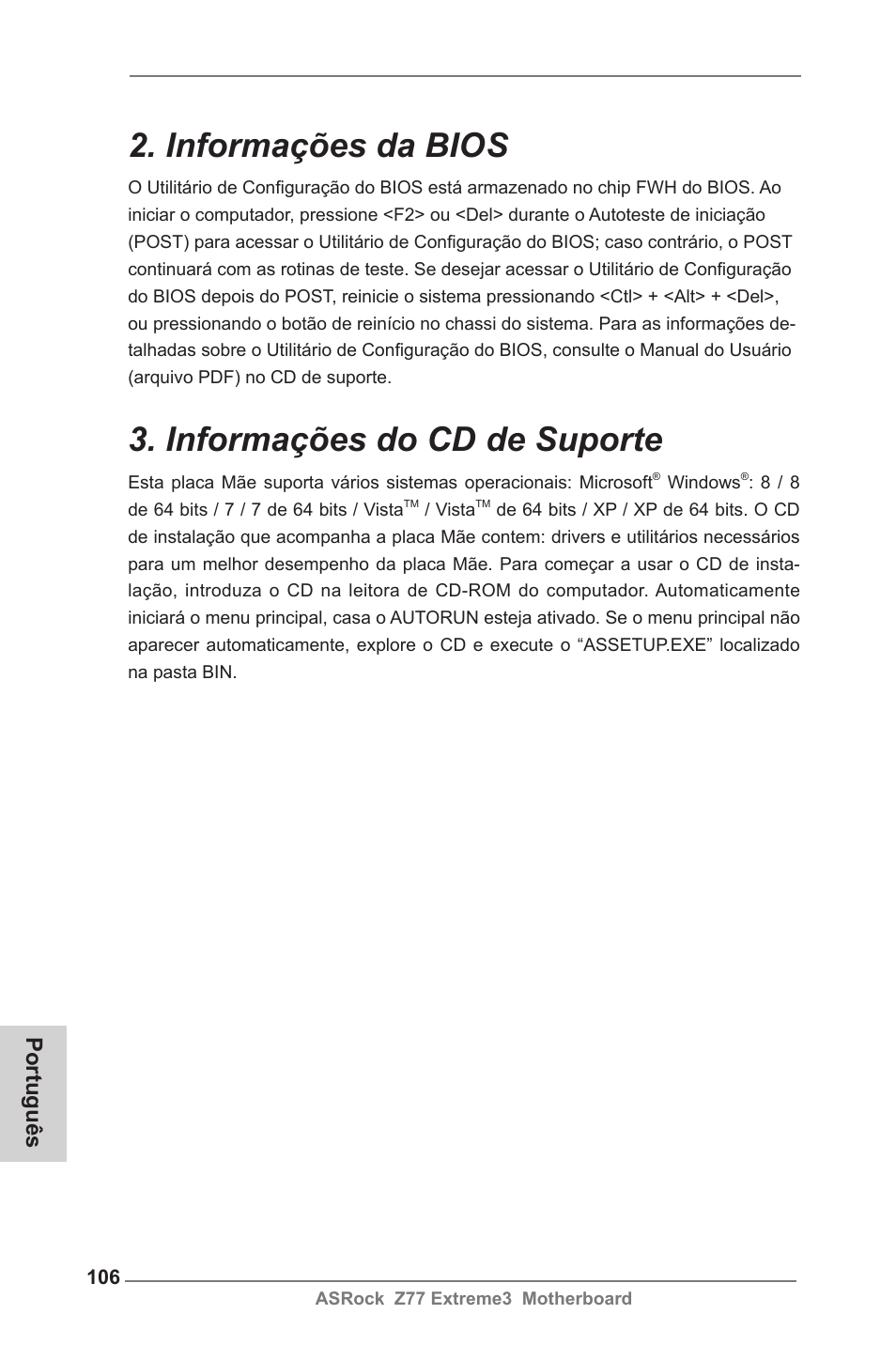 Informações da bios, Informações do cd de suporte, Português | ASRock Z77 Extreme3 User Manual | Page 106 / 169