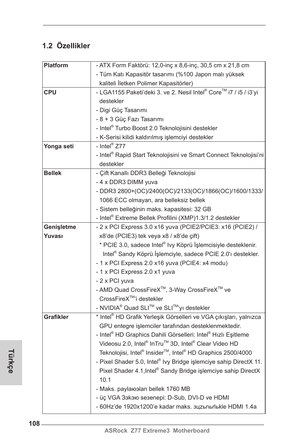 2 özellikler, Türkçe | ASRock Z77 Extreme3 User Manual | Page 108 / 169
