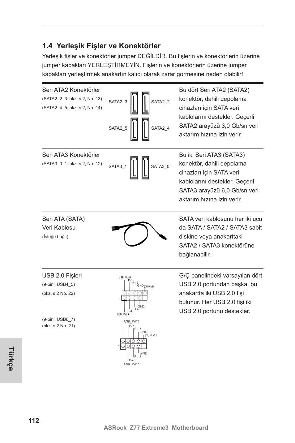4 yerleşik fişler ve konektörler, Türkçe | ASRock Z77 Extreme3 User Manual | Page 112 / 169