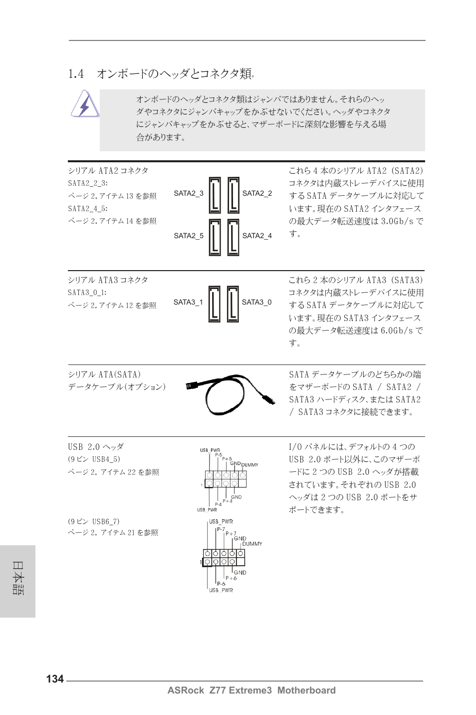 日本語 1.4 オンボードのヘッダとコネクタ類 | ASRock Z77 Extreme3 User Manual | Page 134 / 169