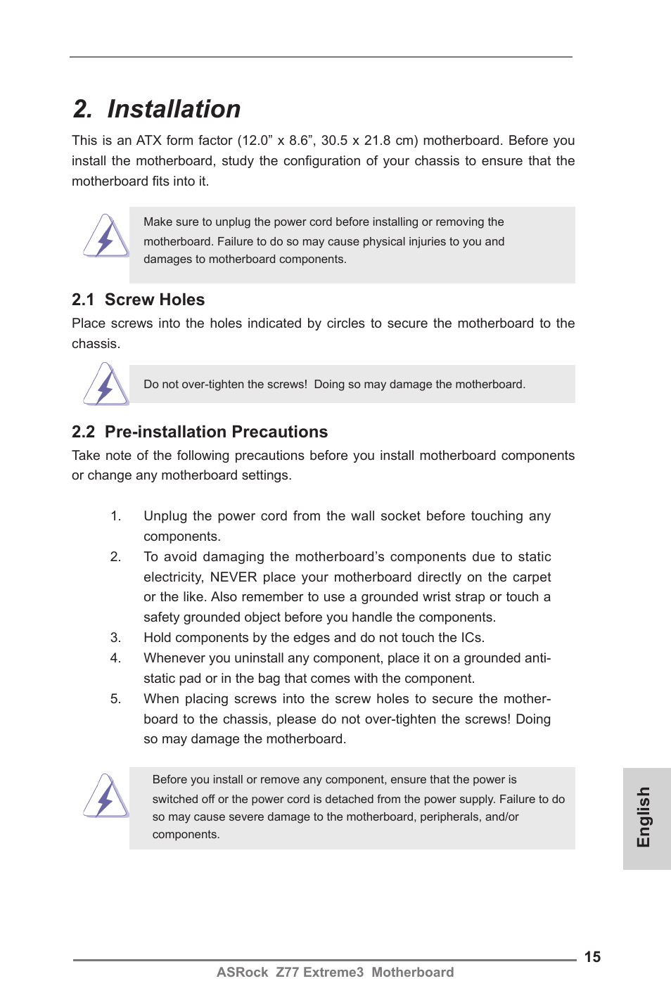 Installation, English, 1 screw holes | 2 pre-installation precautions | ASRock Z77 Extreme3 User Manual | Page 15 / 169