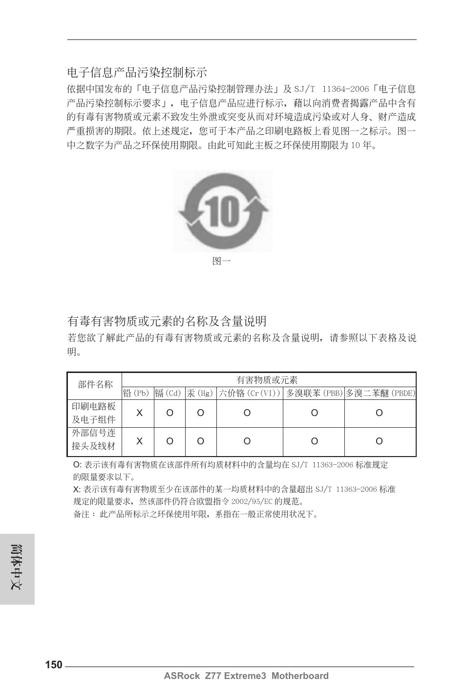 簡體中文 電子信息產品污染控制標示, 有毒有害物質或元素的名稱及含量說明 | ASRock Z77 Extreme3 User Manual | Page 150 / 169