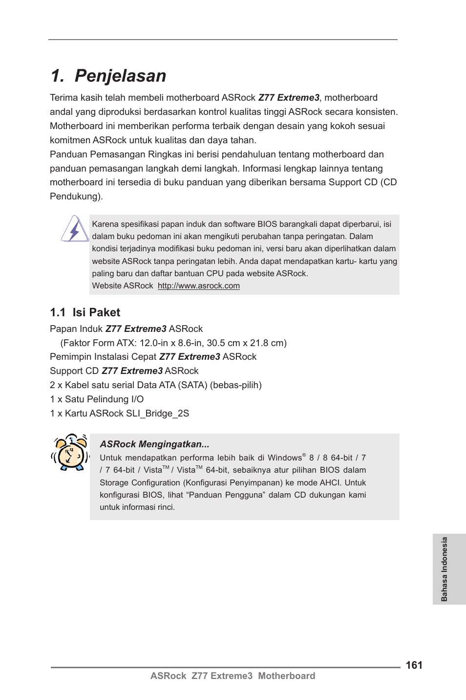 Indonesian, Penjelasan, 1 isi paket | ASRock Z77 Extreme3 User Manual | Page 161 / 169