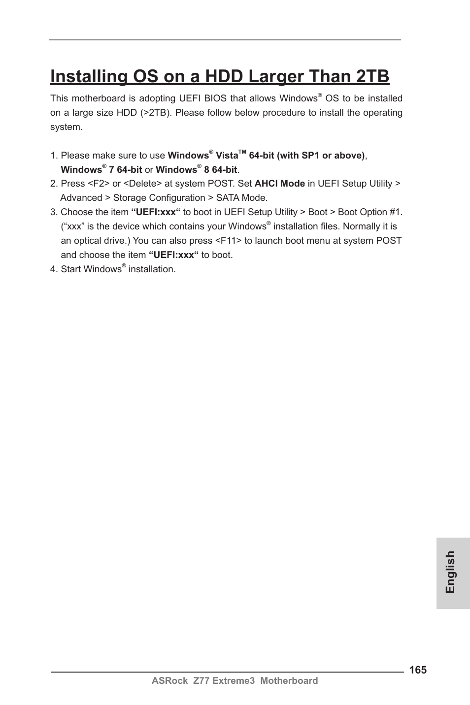 Installing os on a hdd larger than 2tb, English | ASRock Z77 Extreme3 User Manual | Page 165 / 169