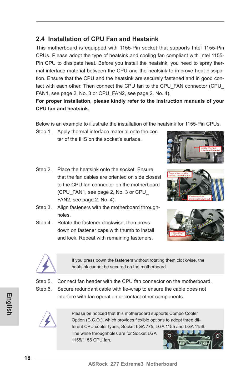 English 2.4 installation of cpu fan and heatsink | ASRock Z77 Extreme3 User Manual | Page 18 / 169