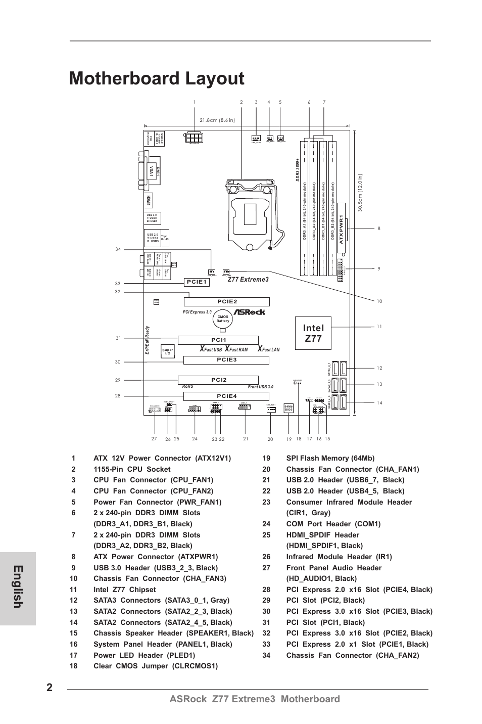 Motherboard layout, English, Asrock z77 extreme3 motherboard | Intel z77, Cir1, Speaker1, Z77 extreme3 | ASRock Z77 Extreme3 User Manual | Page 2 / 169
