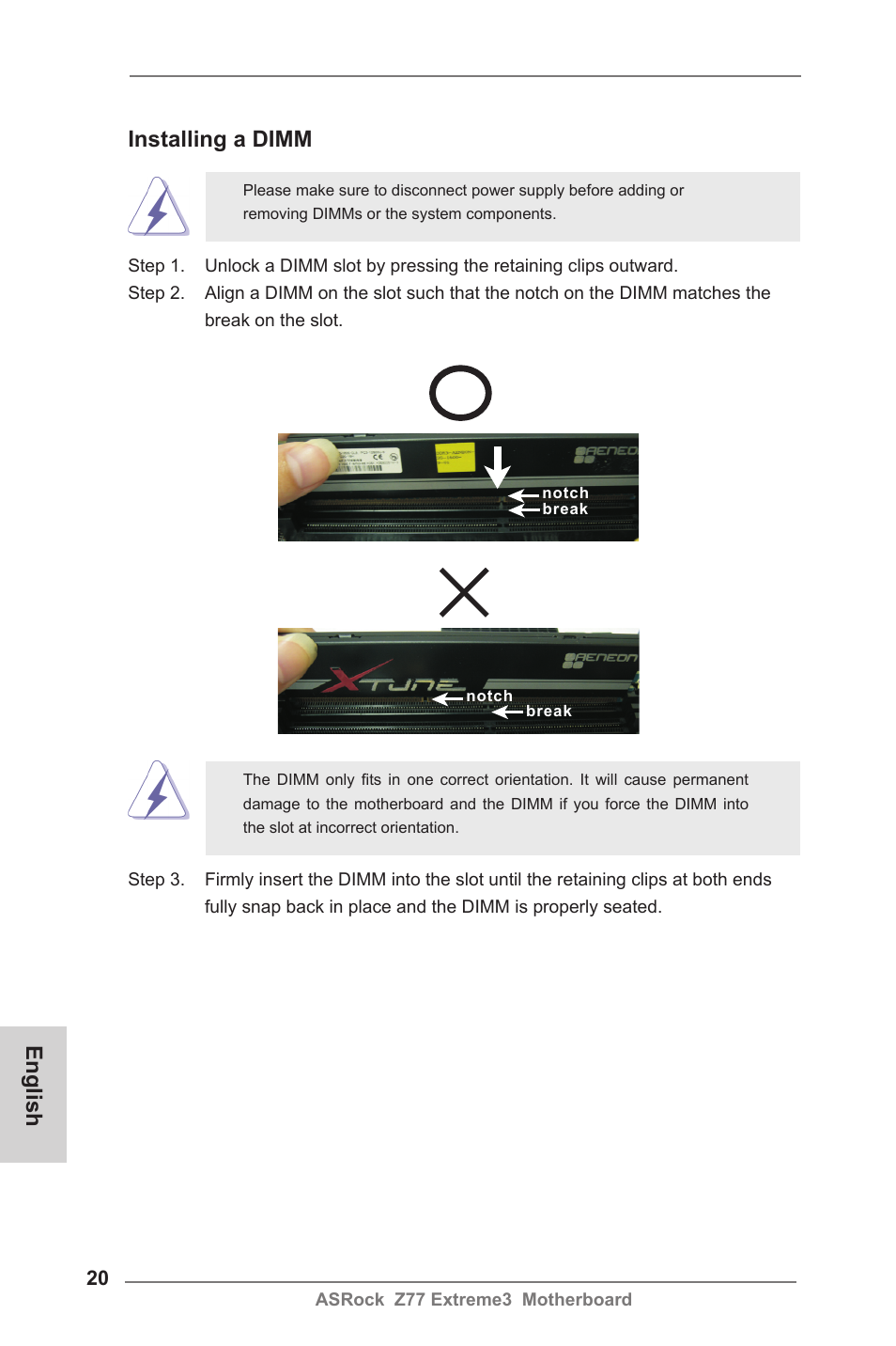 Installing a dimm, English | ASRock Z77 Extreme3 User Manual | Page 20 / 169