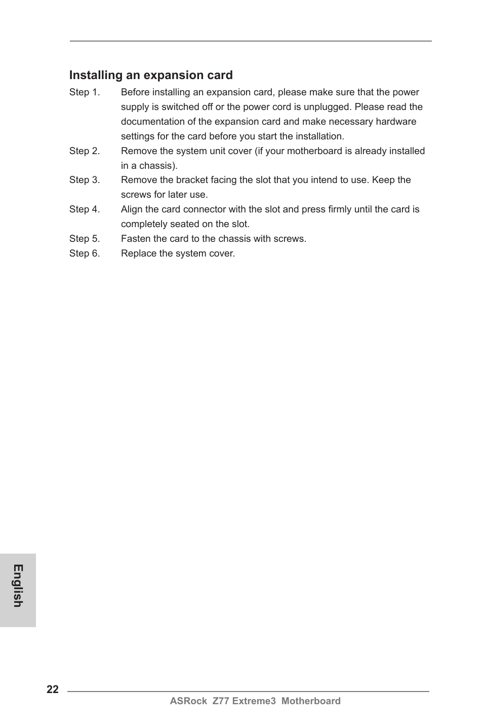 English installing an expansion card | ASRock Z77 Extreme3 User Manual | Page 22 / 169