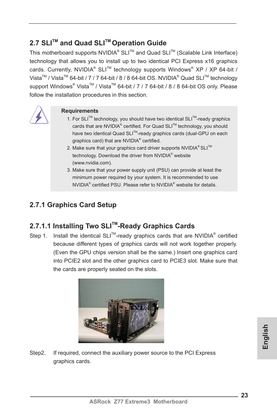 English 2.7 sli, And quad sli, Operation guide | Ready graphics cards | ASRock Z77 Extreme3 User Manual | Page 23 / 169