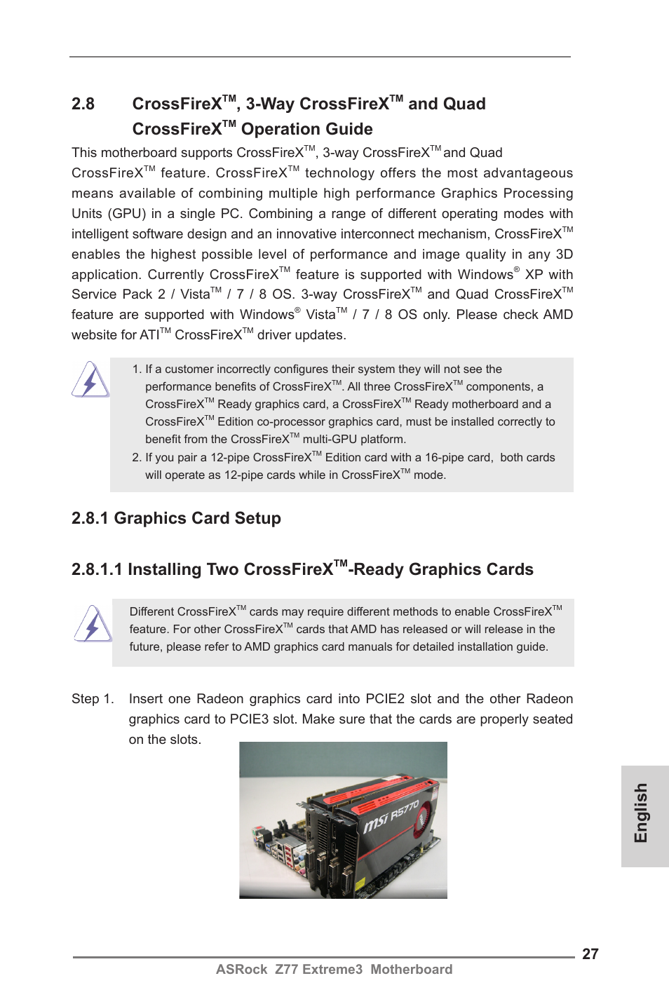 English, 8 crossfirex, Way crossfirex | And quad crossfirex, Operation guide, Ready graphics cards | ASRock Z77 Extreme3 User Manual | Page 27 / 169