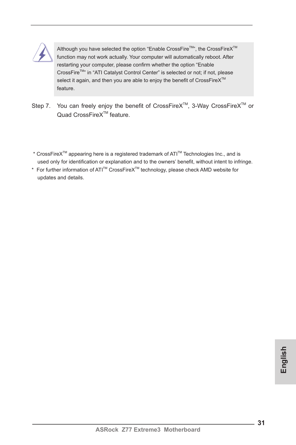 English, Asrock z77 extreme3 motherboard, Way crossfirex | Or quad crossfirex, Feature | ASRock Z77 Extreme3 User Manual | Page 31 / 169