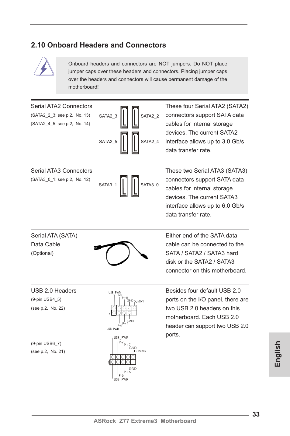 English 2.10 onboard headers and connectors | ASRock Z77 Extreme3 User Manual | Page 33 / 169