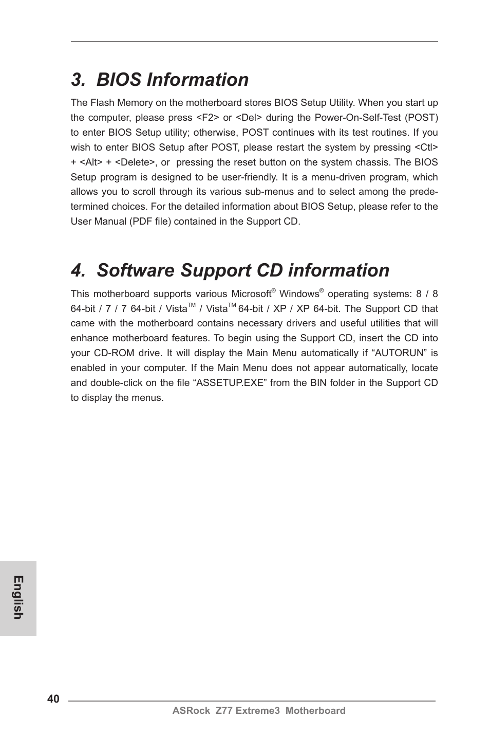 Bios information, Software support cd information, English | ASRock Z77 Extreme3 User Manual | Page 40 / 169