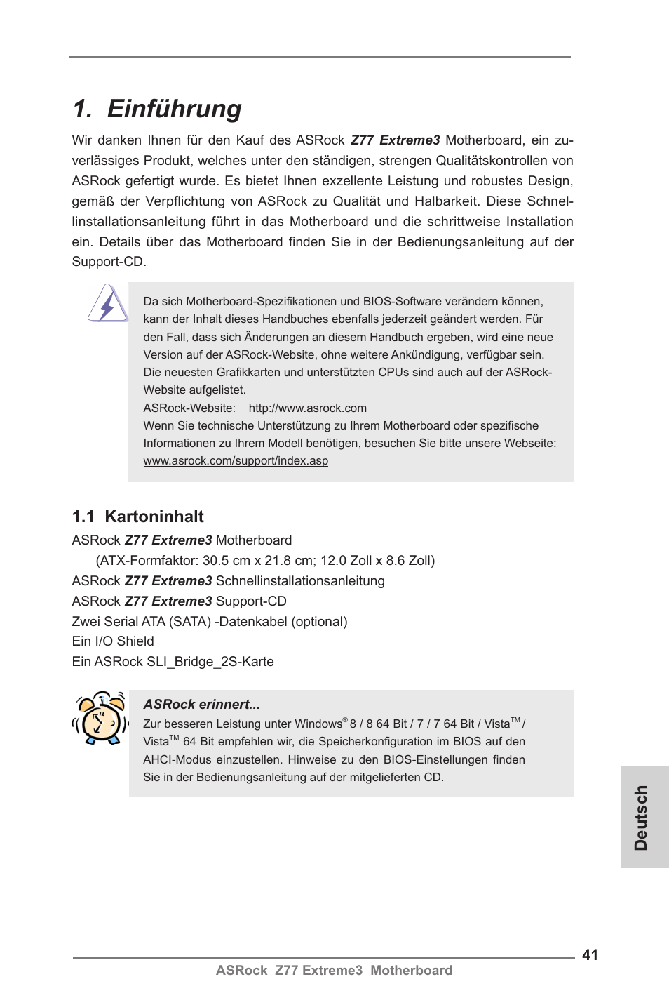 German, Einführung, Deutsch | 1 kartoninhalt | ASRock Z77 Extreme3 User Manual | Page 41 / 169
