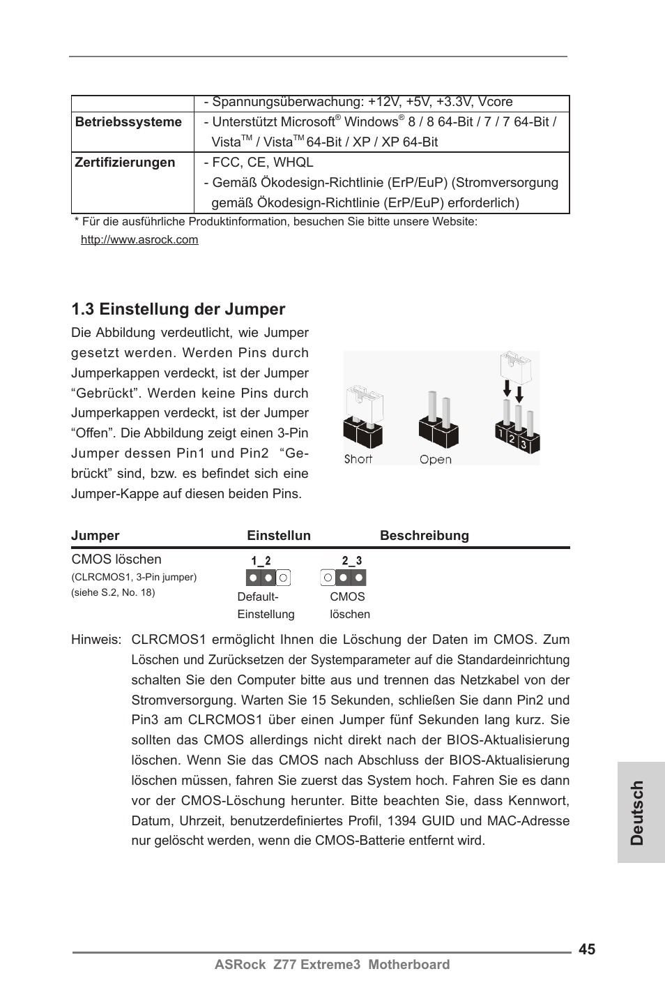 Deutsch 1.3 einstellung der jumper | ASRock Z77 Extreme3 User Manual | Page 45 / 169