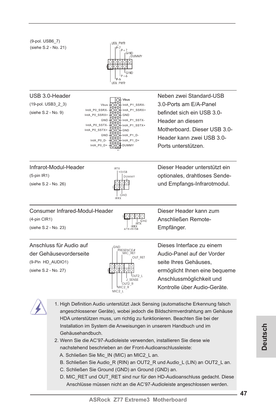 Deutsch, Asrock z77 extreme3 motherboard, Usb 3.0-header neben zwei standard-usb | Ports am e/a-panel, Optionales, drahtloses sende, Und empfangs-infrarotmodul, Seite ihres gehäuses, Anschließen remote, Empfänger | ASRock Z77 Extreme3 User Manual | Page 47 / 169