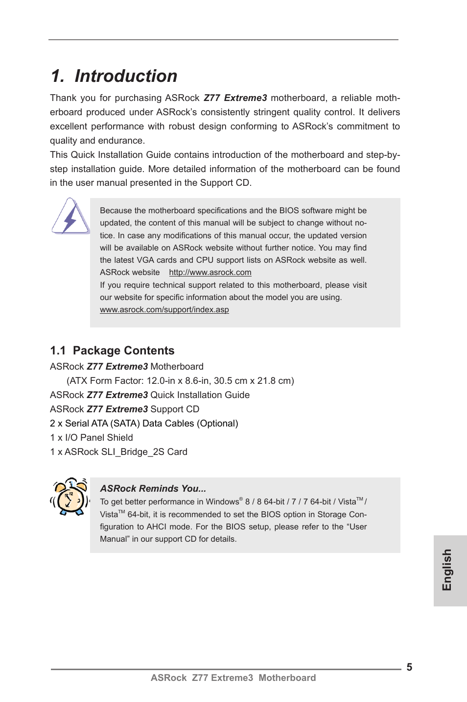 Introduction, 1 package contents, English | ASRock Z77 Extreme3 User Manual | Page 5 / 169