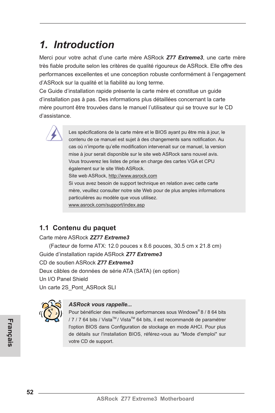 French, Introduction, 1 contenu du paquet | Français | ASRock Z77 Extreme3 User Manual | Page 52 / 169