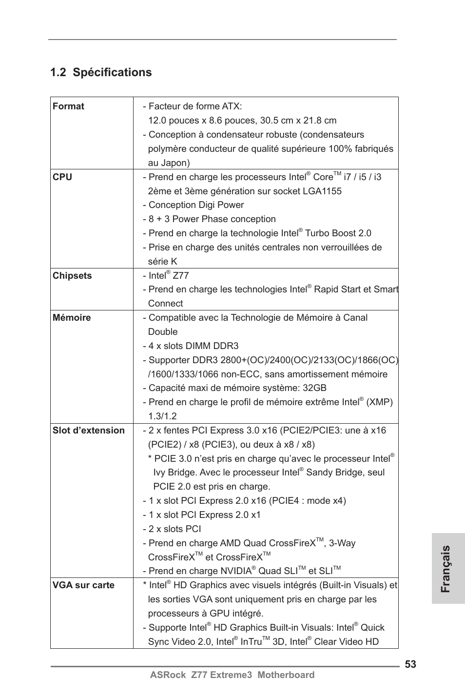 Français 1.2 spécifications | ASRock Z77 Extreme3 User Manual | Page 53 / 169