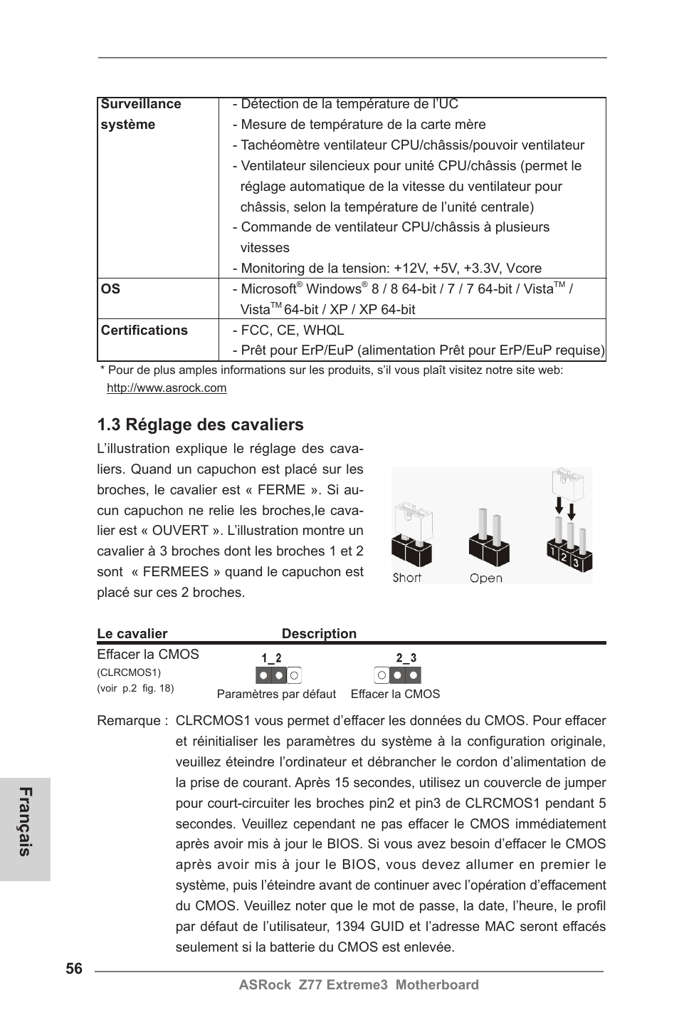 Français 1.3 réglage des cavaliers | ASRock Z77 Extreme3 User Manual | Page 56 / 169