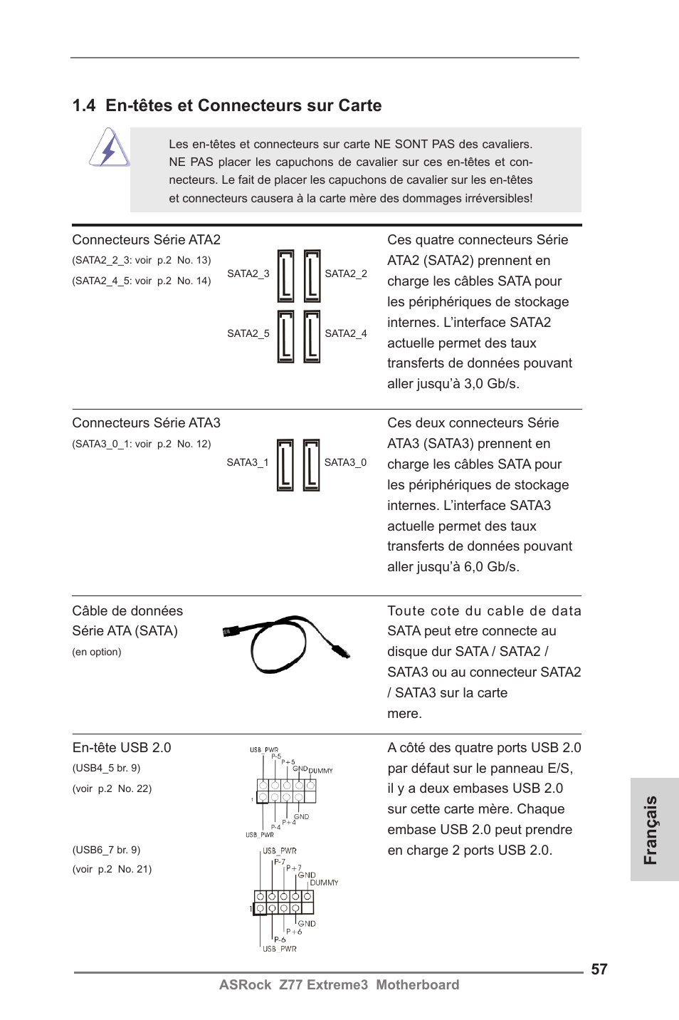 Français, 4 en-têtes et connecteurs sur carte | ASRock Z77 Extreme3 User Manual | Page 57 / 169