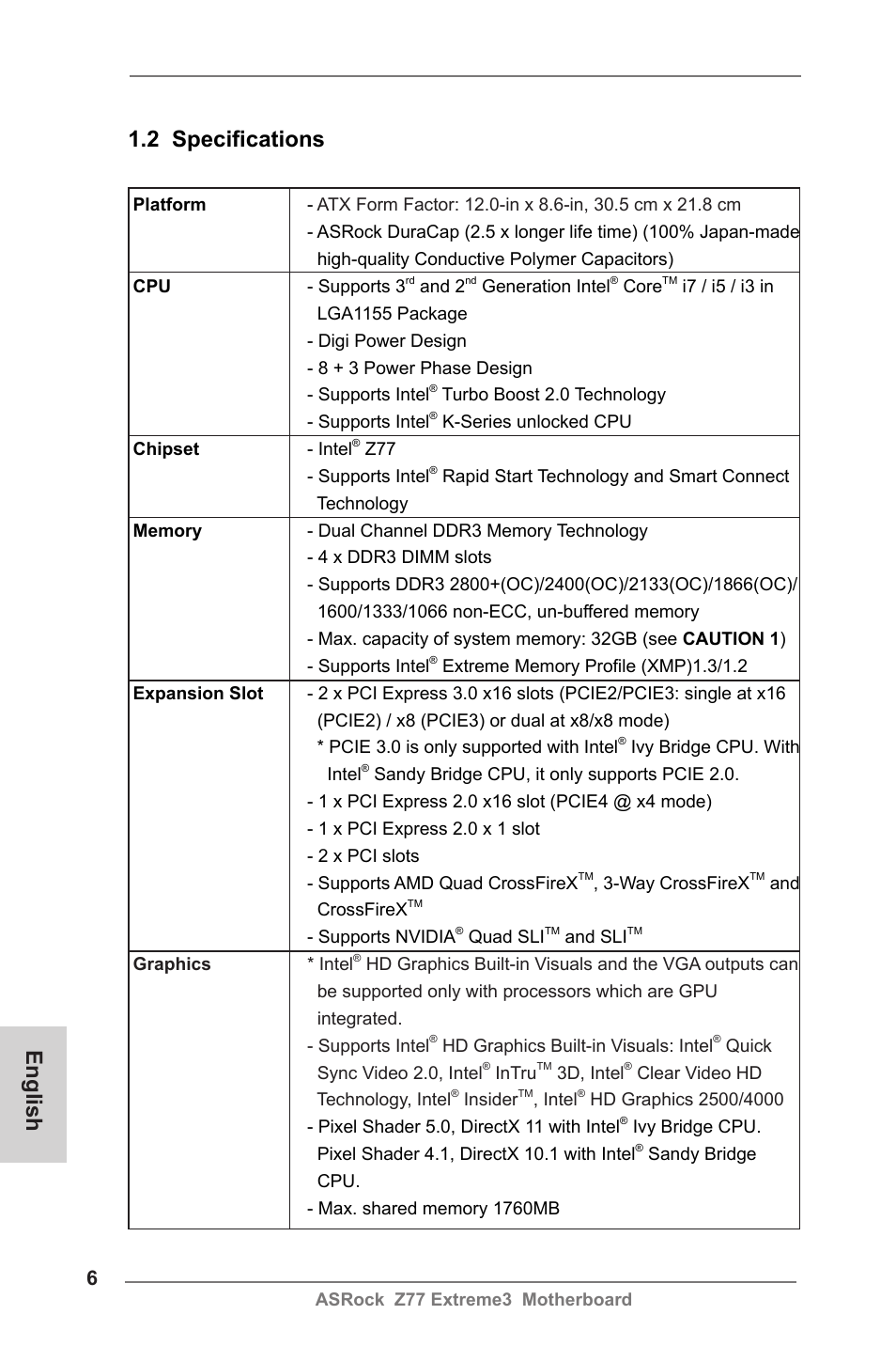 English 1.2 specifications | ASRock Z77 Extreme3 User Manual | Page 6 / 169