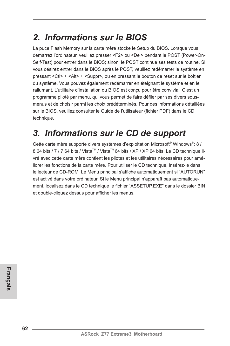 Informations sur le bios, Informations sur le cd de support, Français | ASRock Z77 Extreme3 User Manual | Page 62 / 169
