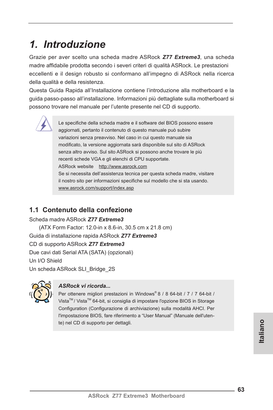 Italian, Introduzione, Italiano | 1 contenuto della confezione | ASRock Z77 Extreme3 User Manual | Page 63 / 169