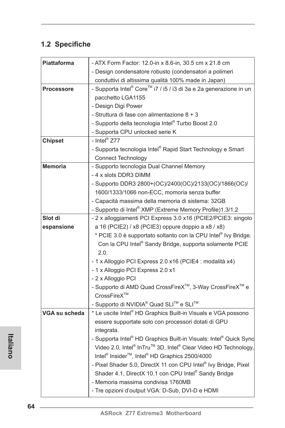 Italiano 1.2 specifiche | ASRock Z77 Extreme3 User Manual | Page 64 / 169