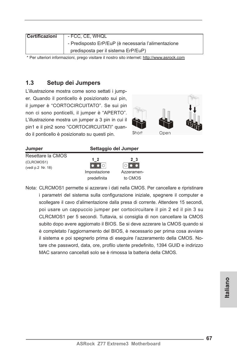 Italiano 1.3 setup dei jumpers | ASRock Z77 Extreme3 User Manual | Page 67 / 169
