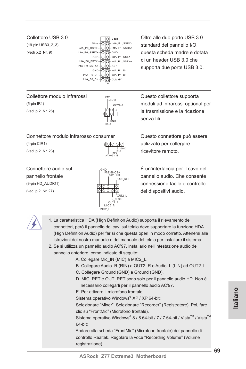 Italiano, Asrock z77 extreme3 motherboard, Collettore usb 3.0 oltre alle due porte usb 3.0 | Standard del pannello i/o, Moduli ad infrarossi optional per, La trasmissione e la ricezione senza fili, Connessione facile e controllo, Dei dispositivi audio, Utilizzato per collegare, Ricevitore remoto | ASRock Z77 Extreme3 User Manual | Page 69 / 169