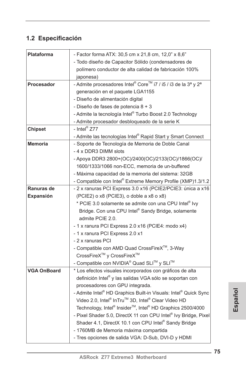 Español 1.2 especificación | ASRock Z77 Extreme3 User Manual | Page 75 / 169