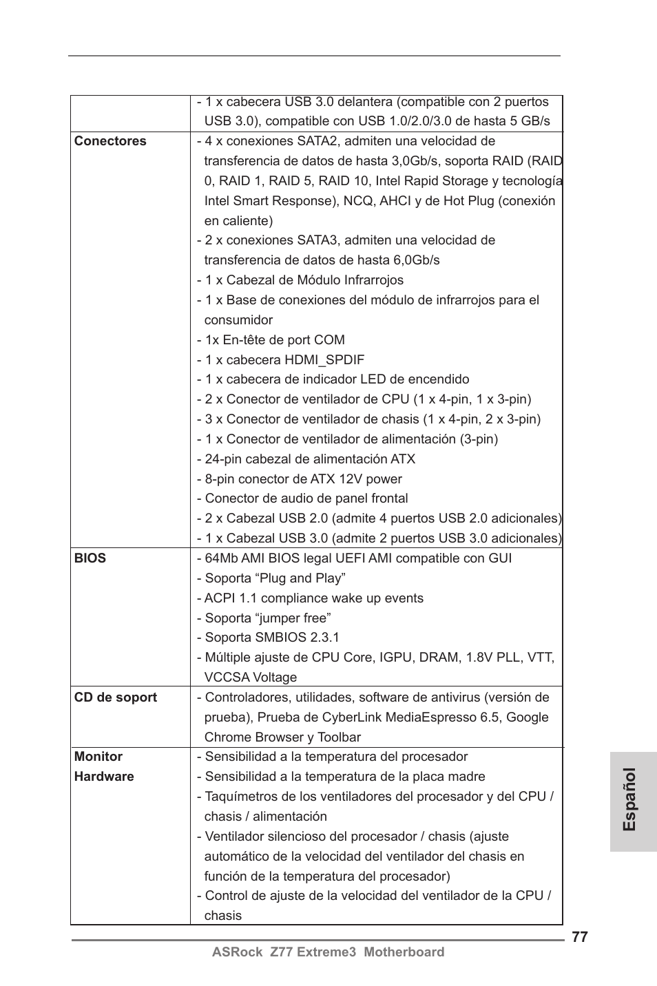 Español | ASRock Z77 Extreme3 User Manual | Page 77 / 169