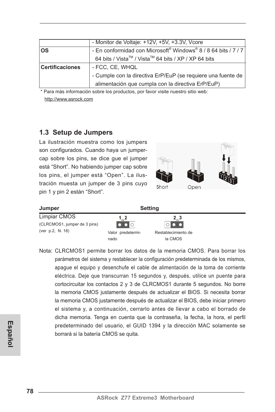 3 setup de jumpers, Español | ASRock Z77 Extreme3 User Manual | Page 78 / 169