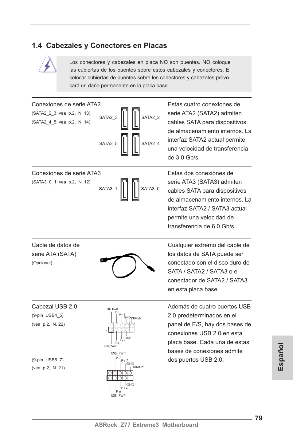 Español 1.4 cabezales y conectores en placas | ASRock Z77 Extreme3 User Manual | Page 79 / 169