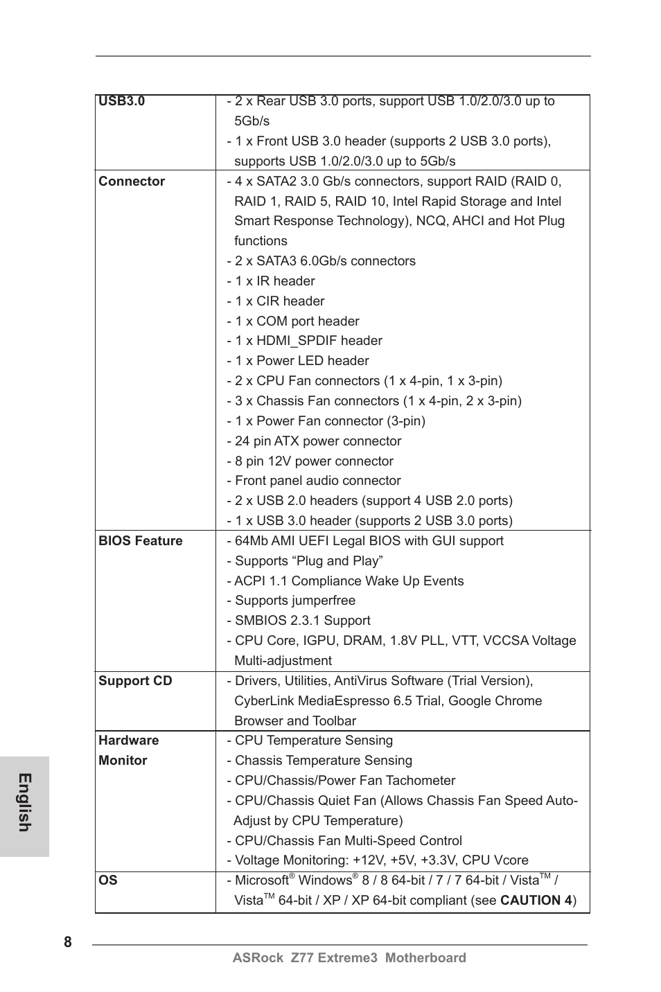 English | ASRock Z77 Extreme3 User Manual | Page 8 / 169