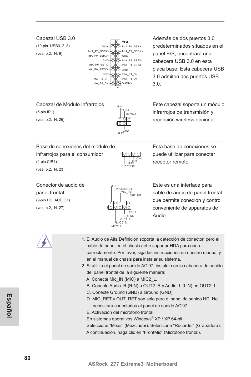 Español, Predeterminados situados en el, Infrarrojos de transmisión y | Recepción wireless opcional, Que permite conexión y control, Receptor remoto | ASRock Z77 Extreme3 User Manual | Page 80 / 169