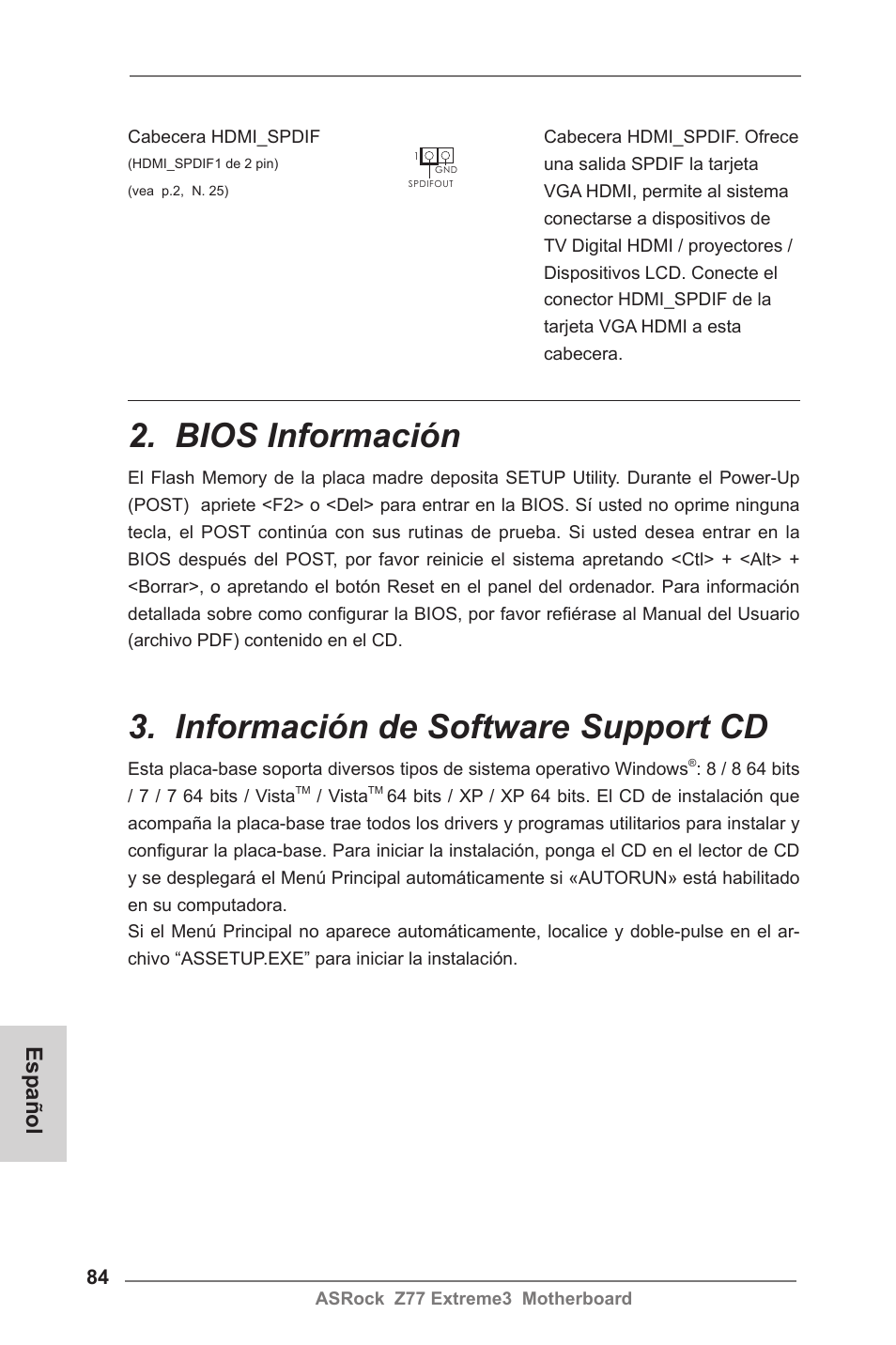 Bios información, Información de software support cd, Español | ASRock Z77 Extreme3 User Manual | Page 84 / 169