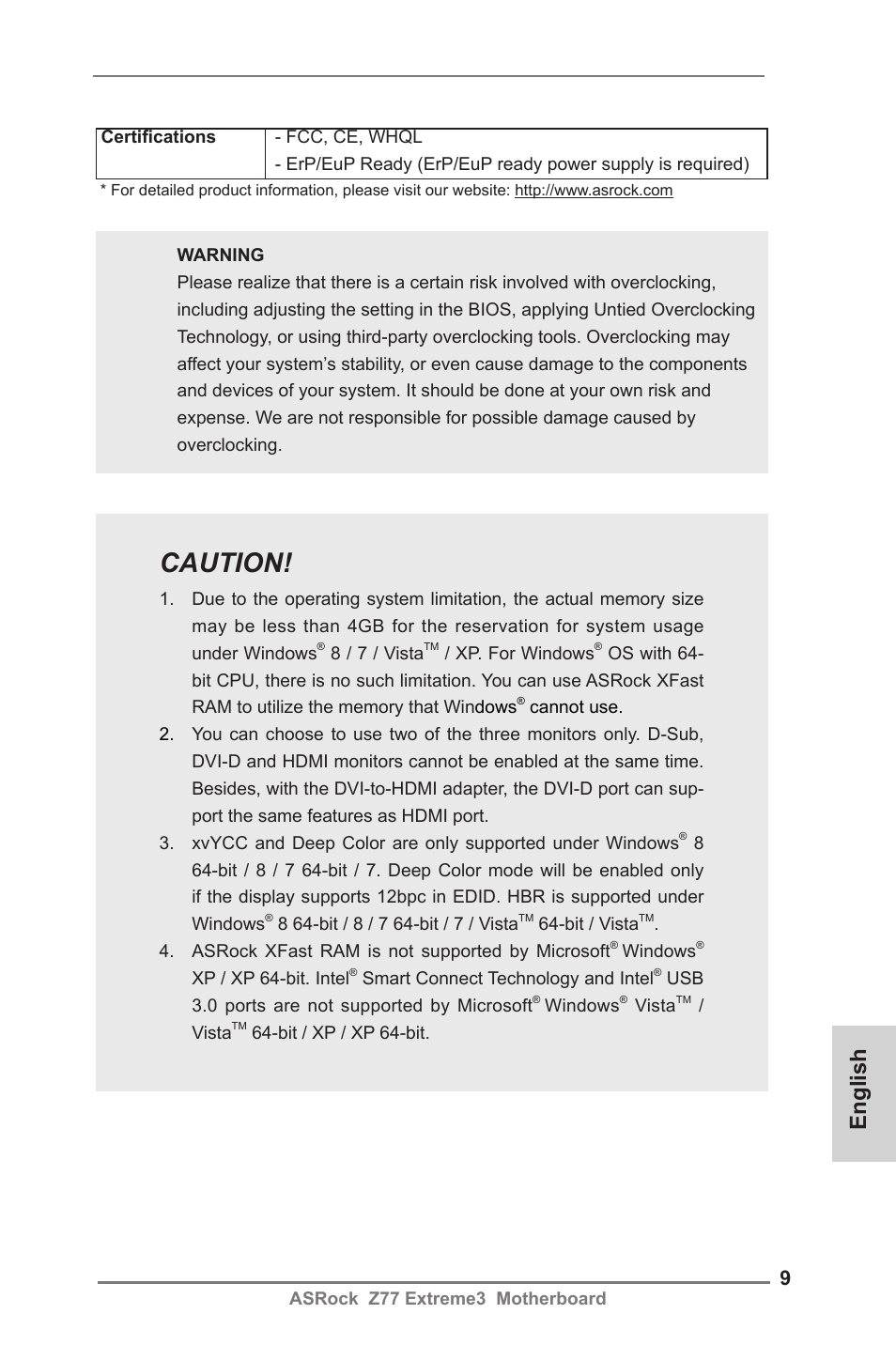 Caution, English | ASRock Z77 Extreme3 User Manual | Page 9 / 169